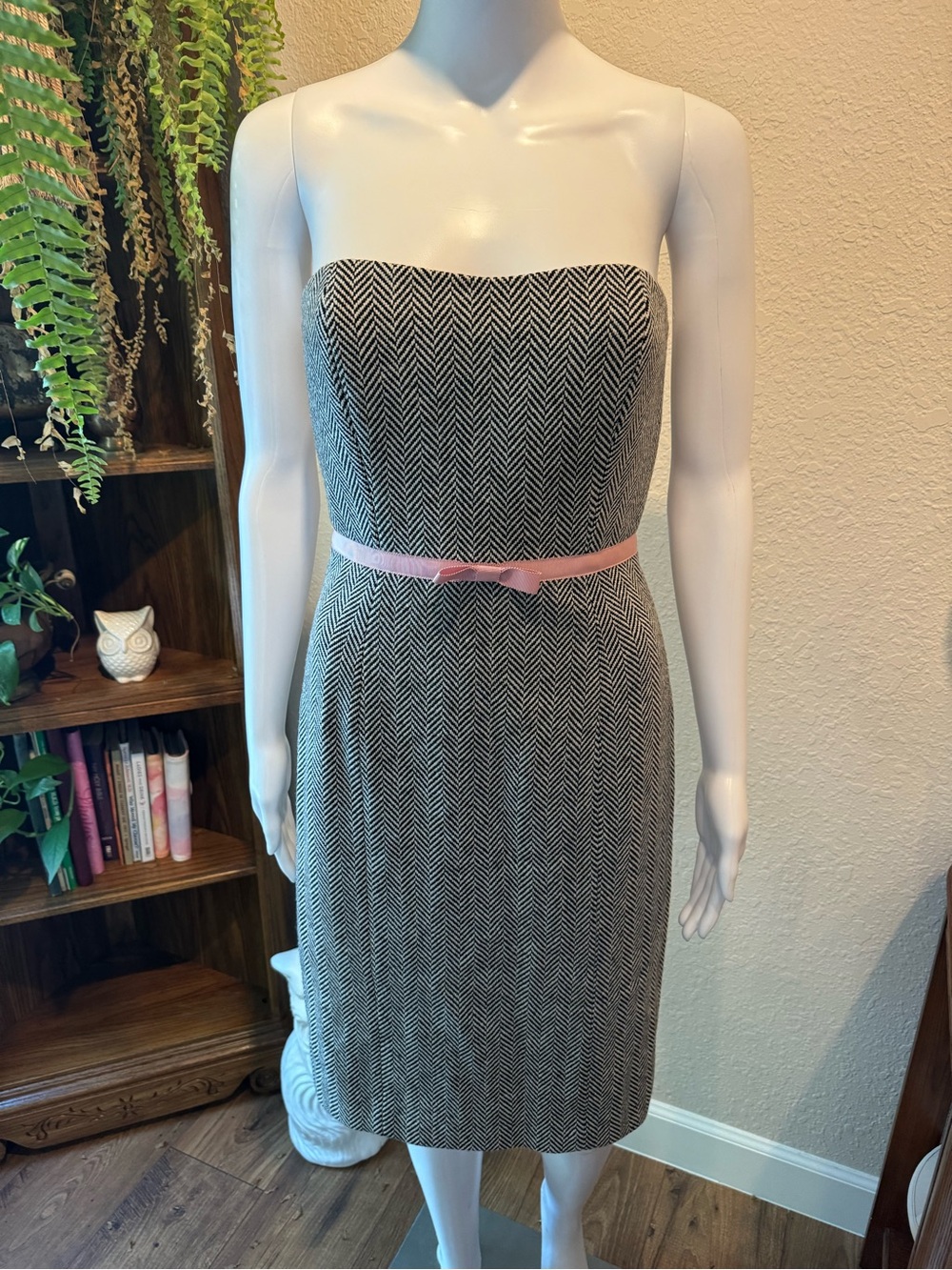 J. Crew Strapless Black-and-White Chevron Dress with Pink Belt